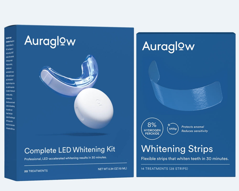 AuraGlow Teeth Whitening Kit and 8% Whitening Strips Bundle